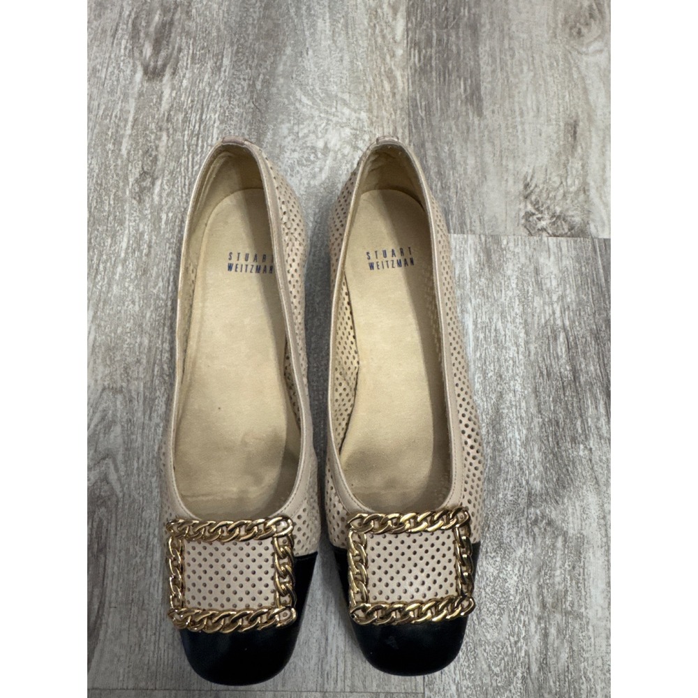 Stuart Weitzman Pan Nappa Chainolo flats Women Beige Black Gold Size 8.5